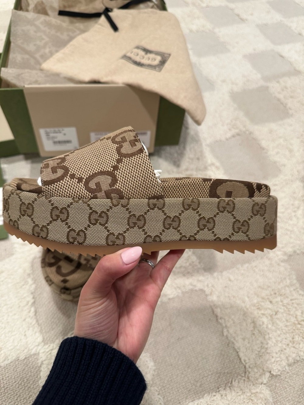 Gucci Camel Ebony GG Canvas Slide Sandals - Picture 3 of 7